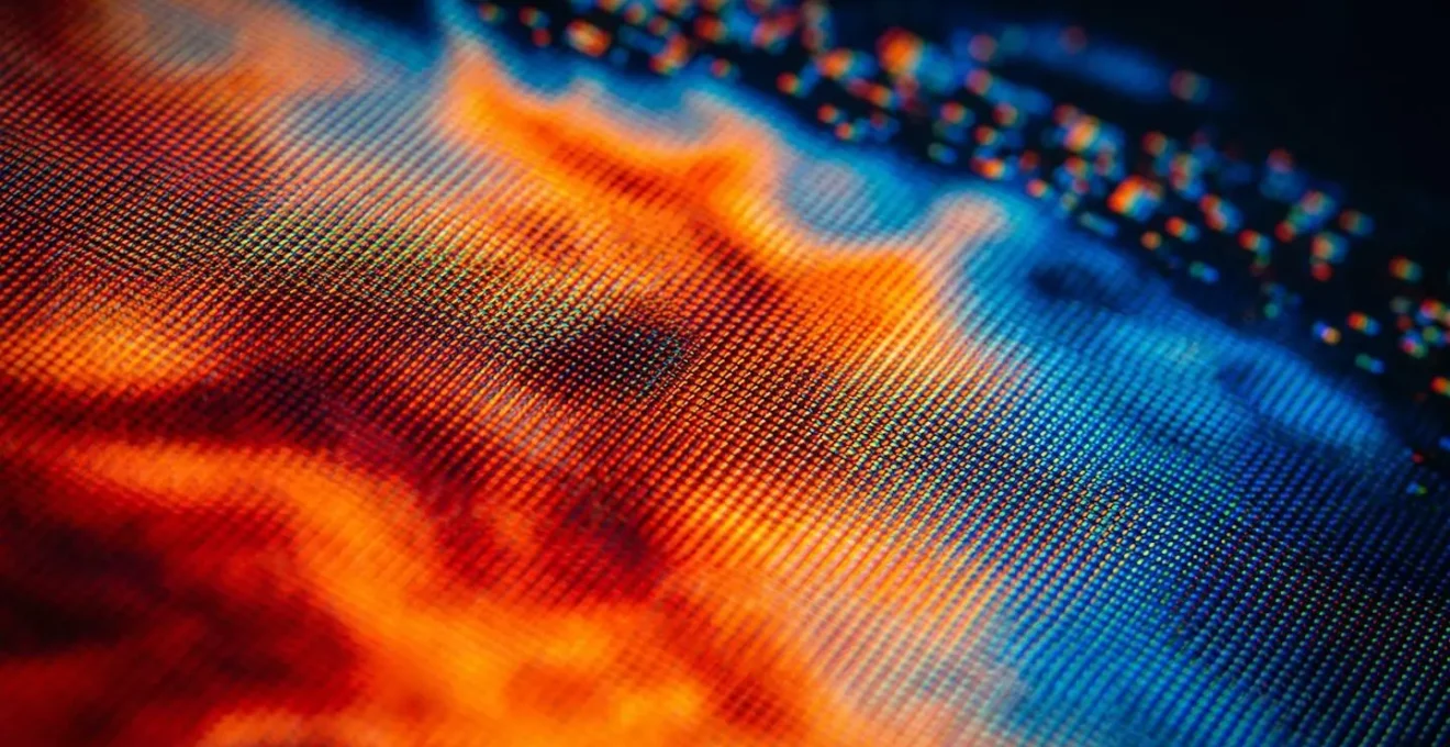 Écran d'ordinateur vu de côté montrant une carte de chaleur colorée avec zones rouges et bleues