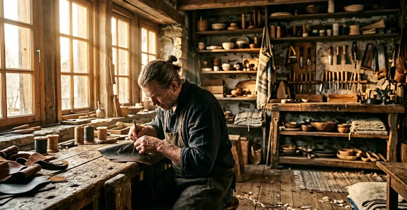 Mains artisanales travaillant sur une pièce unique avec des outils traditionnels dans un atelier lumineux