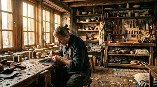 Mains artisanales travaillant sur une pièce unique avec des outils traditionnels dans un atelier lumineux