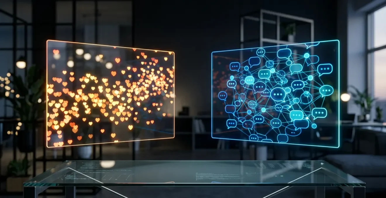 Dashboard analytique montrant la comparaison entre likes et commentaires sur plusieurs plateformes sociales