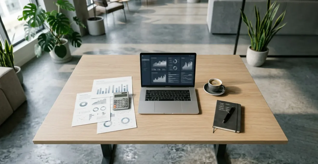 Bureau moderne avec écrans affichant des graphiques de performance, documents stratégiques et calculatrice, représentant l'optimisation SEO/SEA