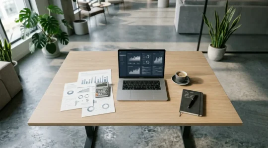 Bureau moderne avec écrans affichant des graphiques de performance, documents stratégiques et calculatrice, représentant l'optimisation SEO/SEA