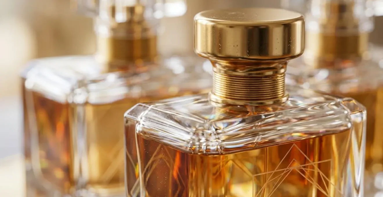 Gros plan macro sur des flacons de parfum avec textures et reflets dorés évoquant le luxe français