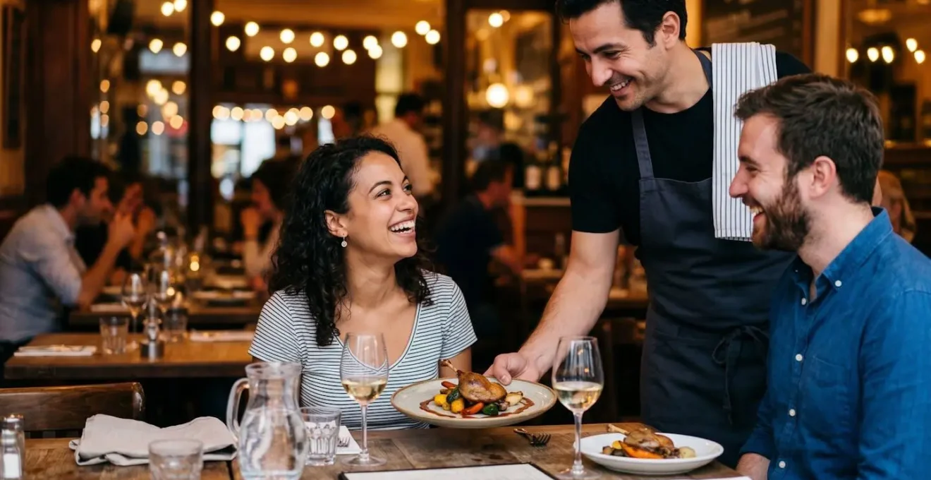 Un serveur souriant présente un plat signature à des clients ravis dans un restaurant chaleureux