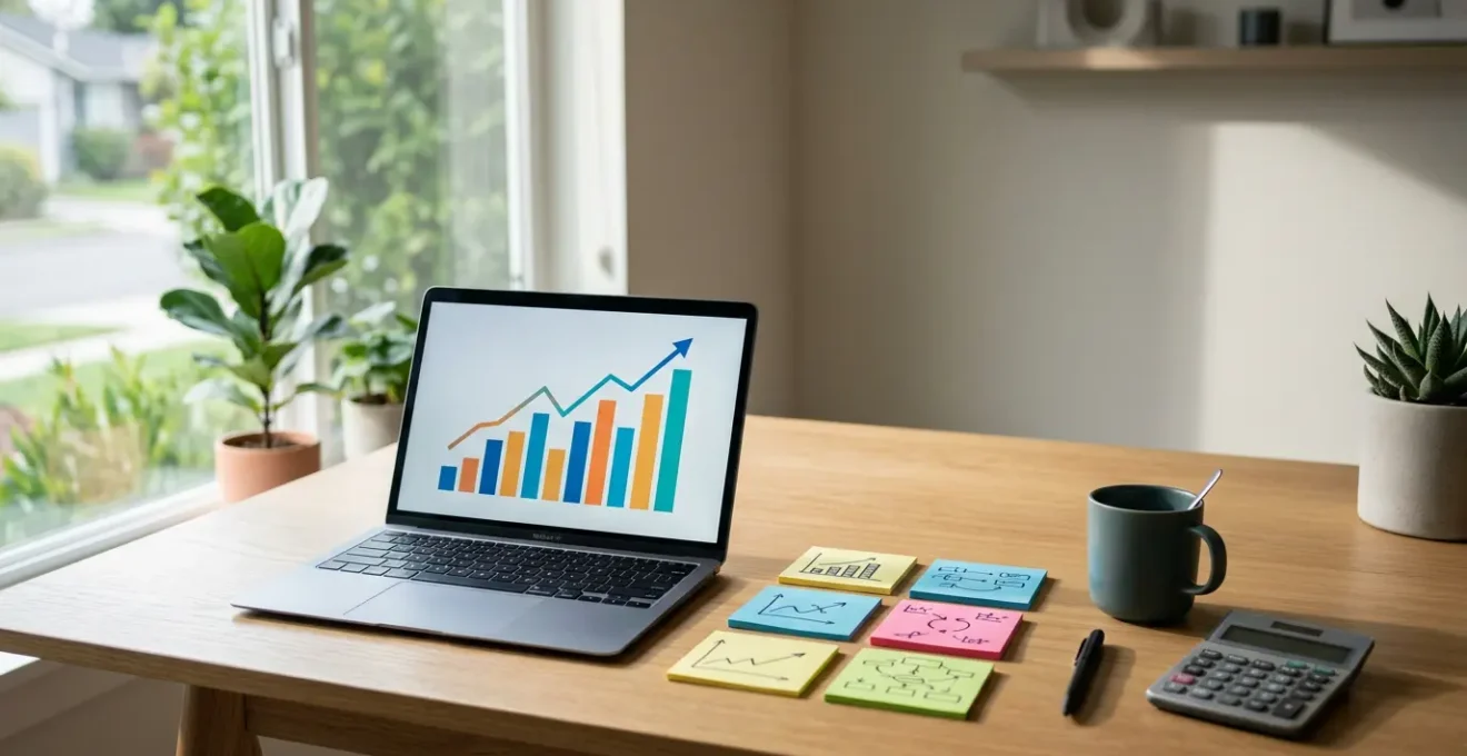 Bureau moderne avec écran d'ordinateur montrant des graphiques de conversion en hausse, entouré de notes stratégiques et d'une calculatrice