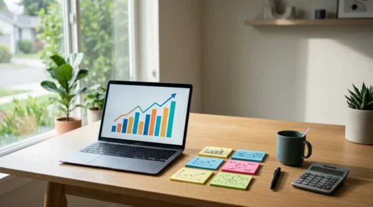 Bureau moderne avec écran d'ordinateur montrant des graphiques de conversion en hausse, entouré de notes stratégiques et d'une calculatrice