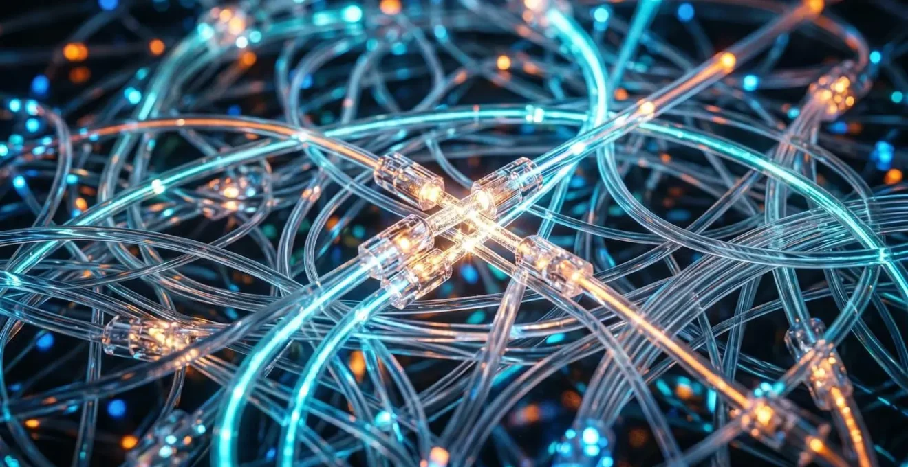 Vue macro de connexions réseau complexes formant un chemin optimisé