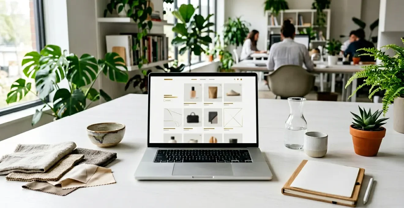 Vue aérienne d'une page d'accueil e-commerce moderne avec zones de mise en valeur des produits