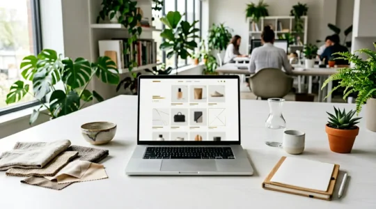 Vue aérienne d'une page d'accueil e-commerce moderne avec zones de mise en valeur des produits