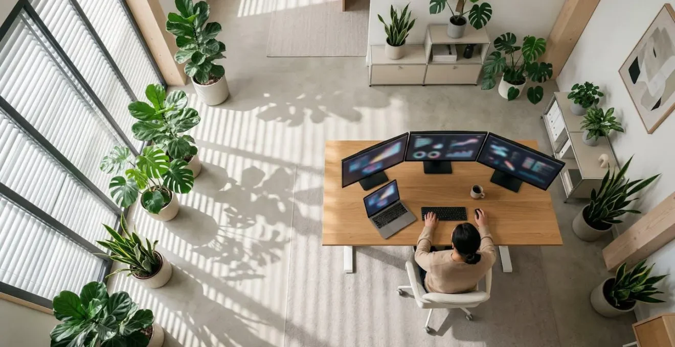 Vue aérienne d'un bureau moderne avec une personne travaillant sur LinkedIn, entourée de plantes et de lumière naturelle