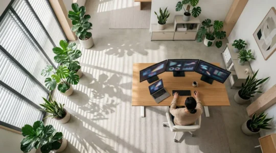 Vue aérienne d'un bureau moderne avec une personne travaillant sur LinkedIn, entourée de plantes et de lumière naturelle