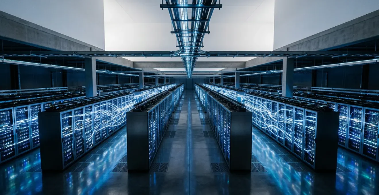 Vue en plongée d'un centre de données moderne avec des flux de lumière bleue représentant les échanges de données en temps réel