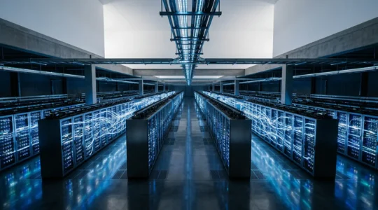 Vue en plongée d'un centre de données moderne avec des flux de lumière bleue représentant les échanges de données en temps réel