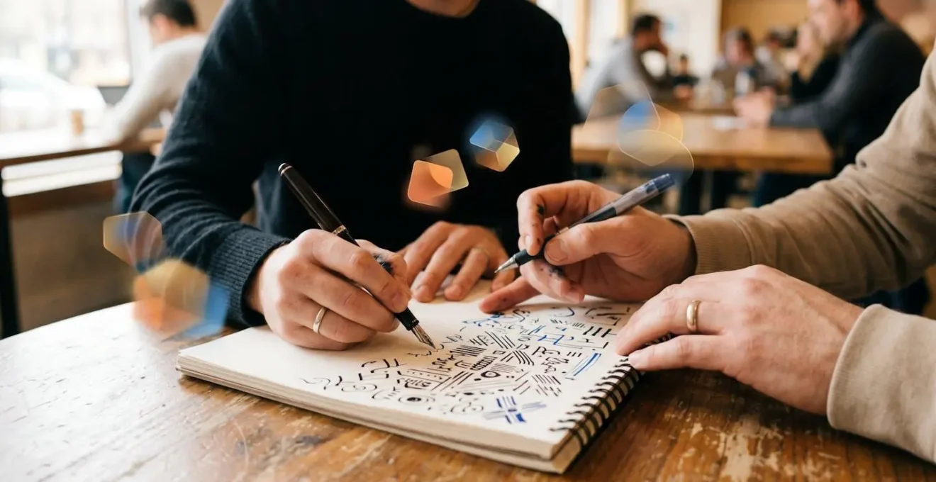 Mains écrivant sur un carnet avec symboles de partage et de collaboration autour