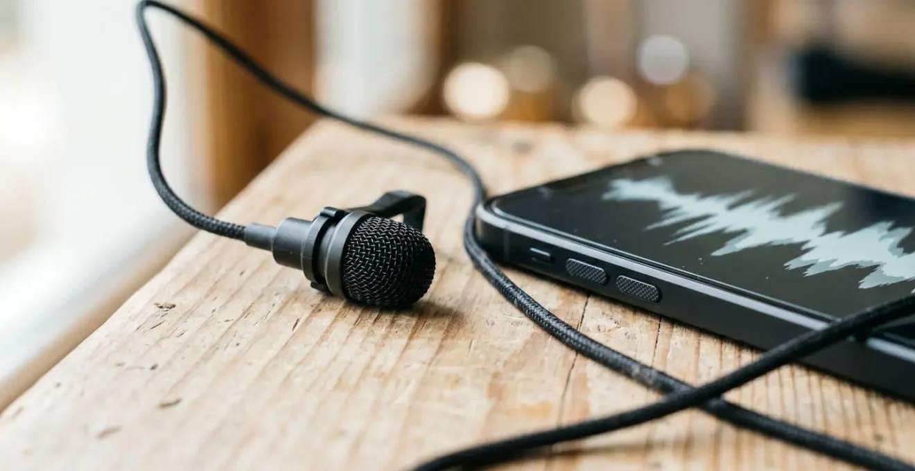 Gros plan sur un micro cravate et un smartphone, symbolisant la redondance audio pour un live shopping.