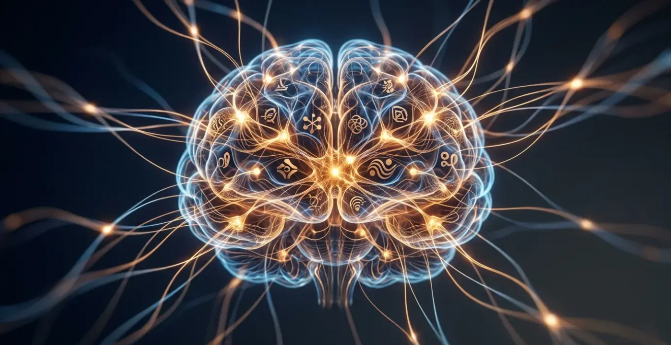 Cerveau humain stylisé avec circuits neuronaux lumineux évoquant la mémorisation des marques