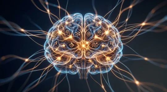 Cerveau humain stylisé avec circuits neuronaux lumineux évoquant la mémorisation des marques
