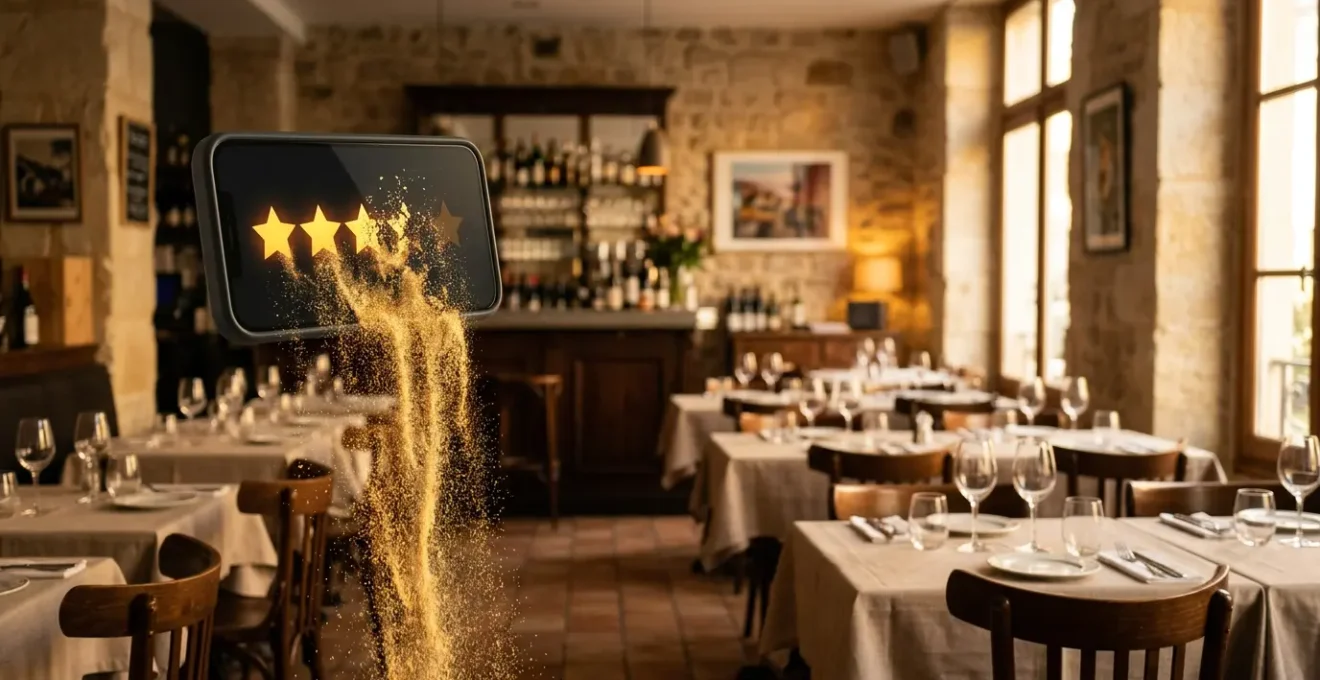 Un restaurant moderne avec une note étoilée déclinante visible au premier plan, traduisant l'impact des avis négatifs sur le chiffre d'affaires