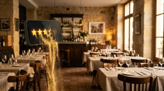 Un restaurant moderne avec une note étoilée déclinante visible au premier plan, traduisant l'impact des avis négatifs sur le chiffre d'affaires