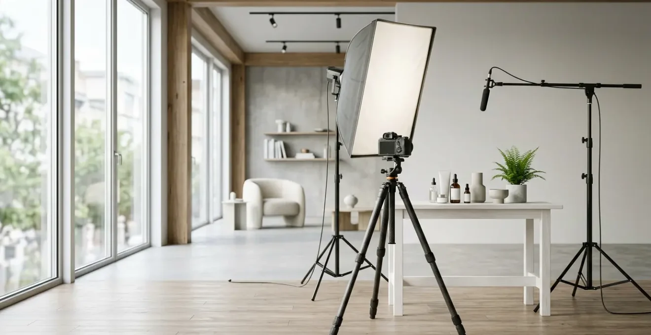 Studio de tournage professionnel pour live shopping avec équipements techniques et décor minimaliste