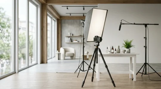 Studio de tournage professionnel pour live shopping avec équipements techniques et décor minimaliste