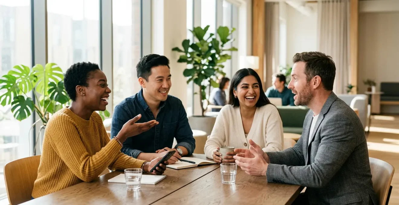 Groupe diversifié autour d'une table avec smartphones montrant l'icône Facebook dans un environnement collaboratif lumineux
