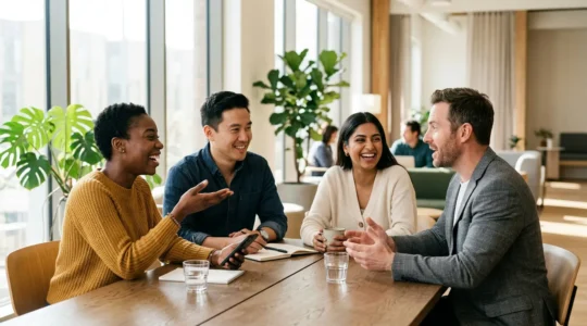 Groupe diversifié autour d'une table avec smartphones montrant l'icône Facebook dans un environnement collaboratif lumineux