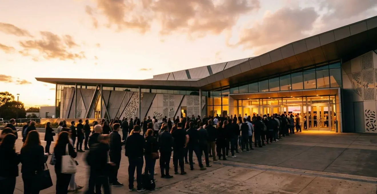 Scène d'urgence dans une billetterie événementielle avec foule en attente et affichage complet