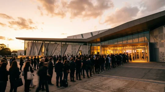 Scène d'urgence dans une billetterie événementielle avec foule en attente et affichage complet