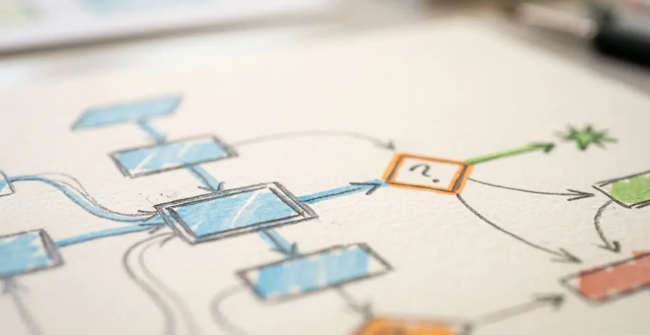 Vue macro d'un diagramme de flux dessiné à la main avec branches conditionnelles et connexions logiques