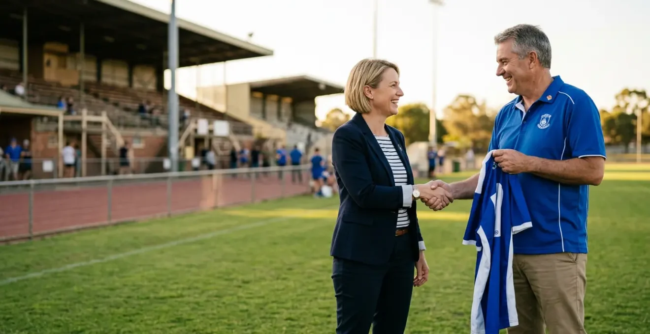 Partenariat entre une entreprise locale et un club sportif, avec un échange de maillots et une poignée de main entre dirigeants sur un terrain de sport