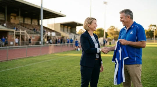 Partenariat entre une entreprise locale et un club sportif, avec un échange de maillots et une poignée de main entre dirigeants sur un terrain de sport