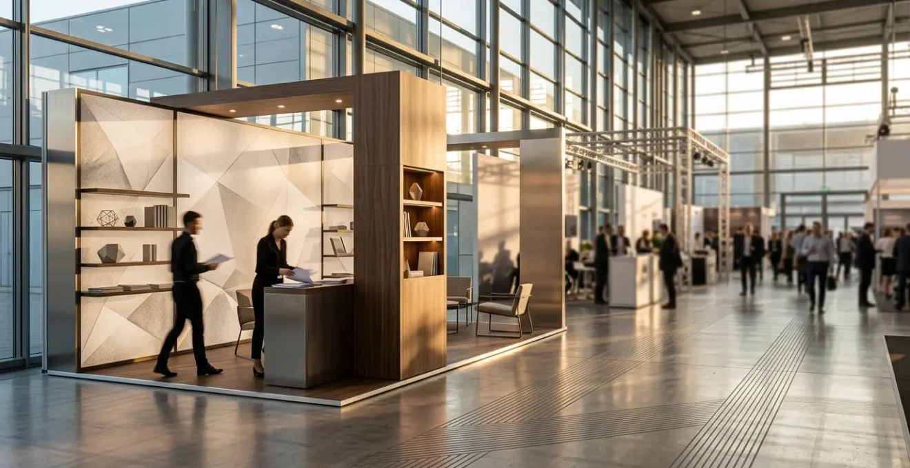 Espace de stand moderne et lumineux dans un salon professionnel avec une équipe préparant stratégiquement leur présence