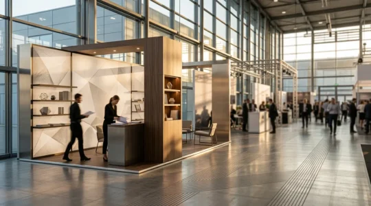 Espace de stand moderne et lumineux dans un salon professionnel avec une équipe préparant stratégiquement leur présence