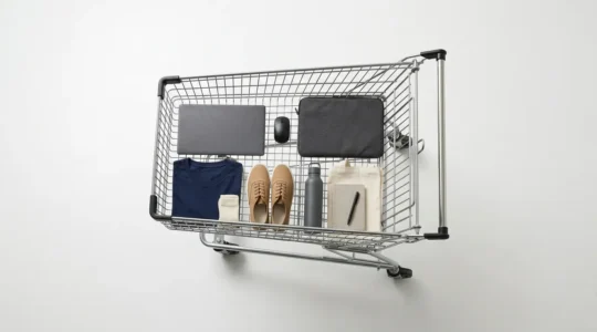 Vue aérienne d'un chariot de courses moderne avec produits complémentaires élégamment disposés