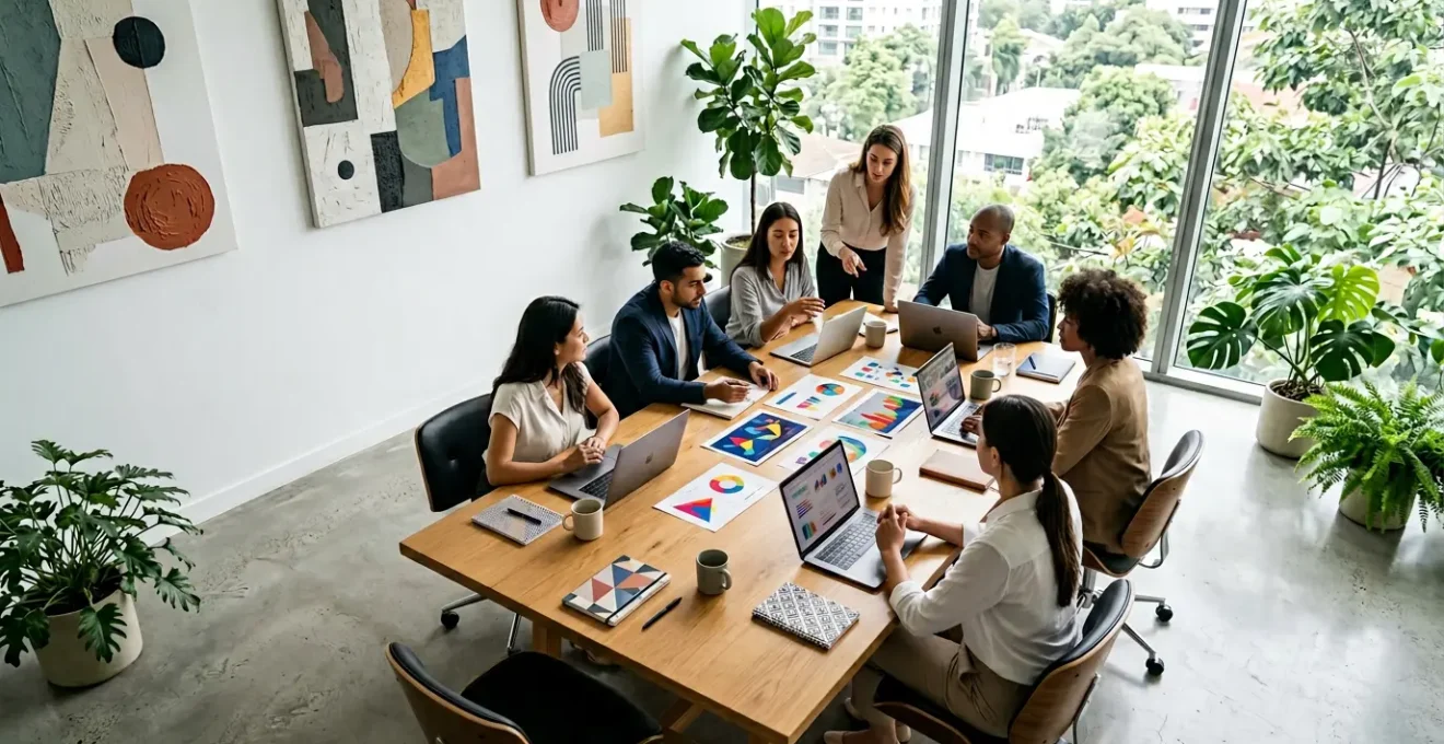 Vue aérienne d'un bureau moderne avec analystes marketing examinant des graphiques de conversion et des tableaux de mots-clés stratégiques