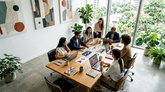 Vue aérienne d'un bureau moderne avec analystes marketing examinant des graphiques de conversion et des tableaux de mots-clés stratégiques