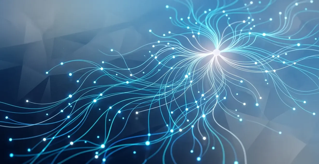 Réseau de connexions web illustrant une stratégie de netlinking éthique avec des nœuds lumineux interconnectés