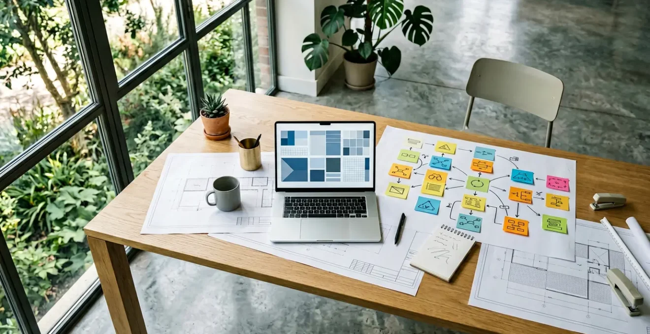 Vue aérienne d'un bureau moderne avec ordinateur montrant une architecture d'article structuré et des éléments de recherche