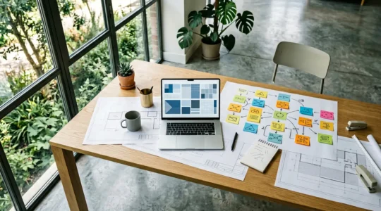 Vue aérienne d'un bureau moderne avec ordinateur montrant une architecture d'article structuré et des éléments de recherche