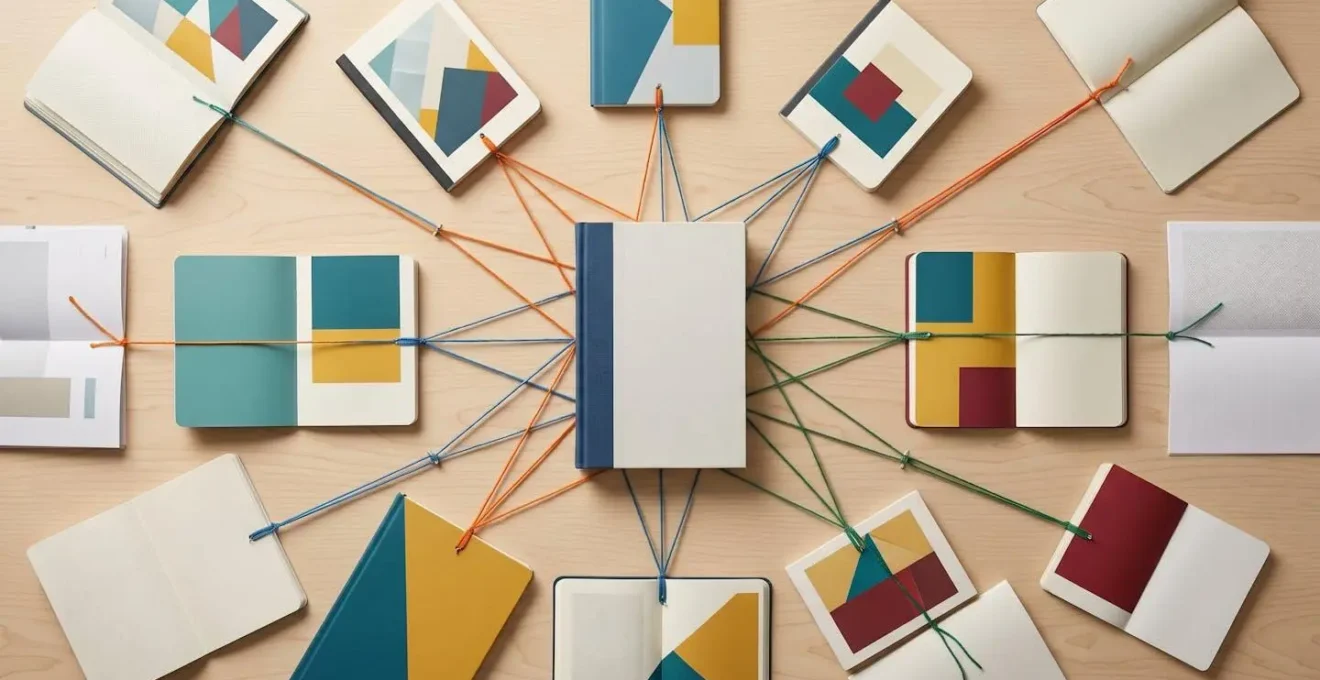 Vue aérienne d'un réseau interconnecté de documents sur une table de travail, symbolisant un Topic Cluster.