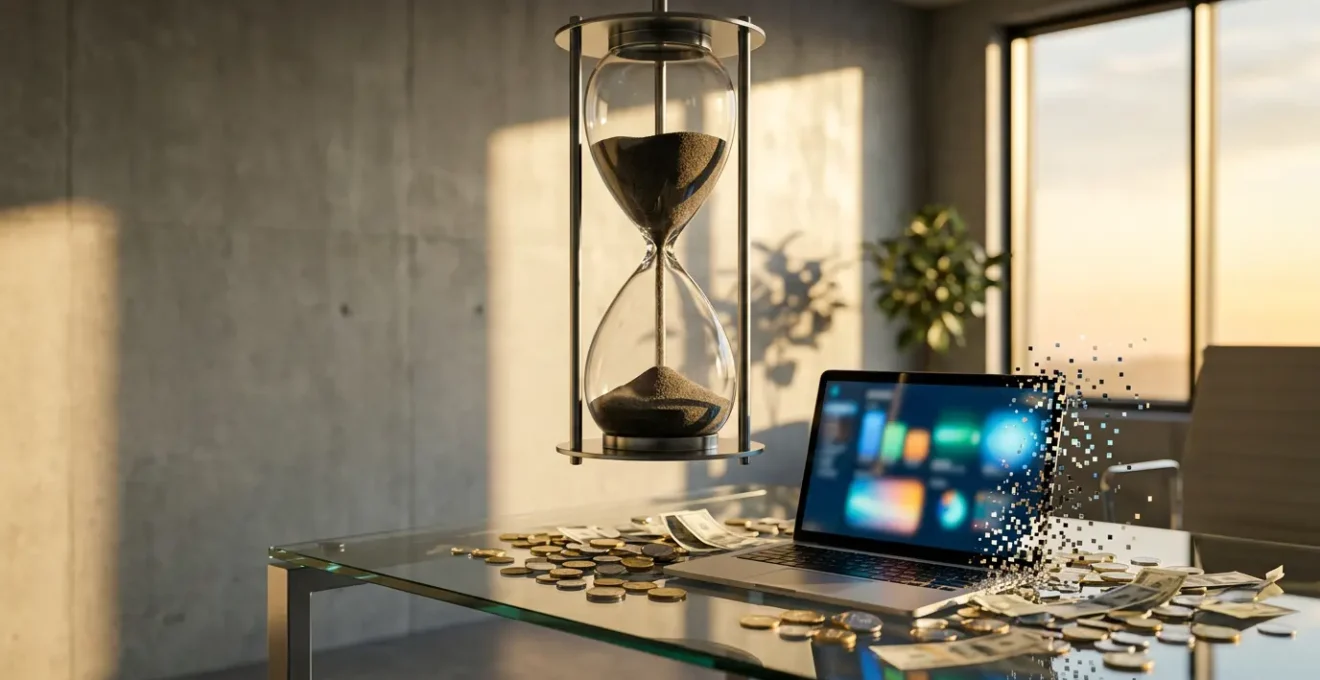 Horloge moderne suspendue au-dessus d'un bureau avec écran montrant des graphiques de performance