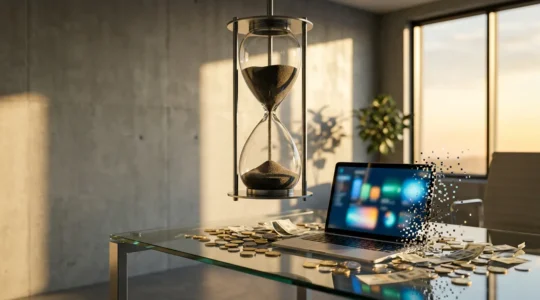 Horloge moderne suspendue au-dessus d'un bureau avec écran montrant des graphiques de performance