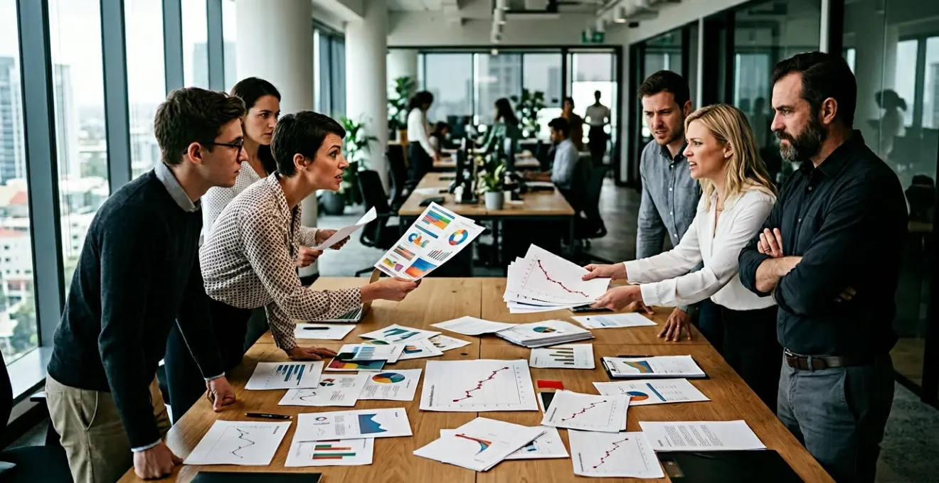 Tension visible entre équipes marketing et commerciales dans un open space moderne avec des graphiques de leads sur un tableau