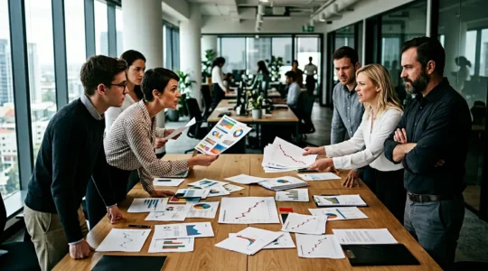Tension visible entre équipes marketing et commerciales dans un open space moderne avec des graphiques de leads sur un tableau