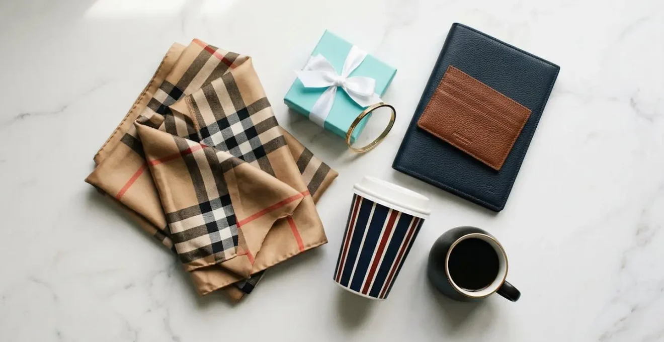 Composition minimaliste montrant des motifs de marque reconnaissables et des éléments visuels distincts sans logos visibles