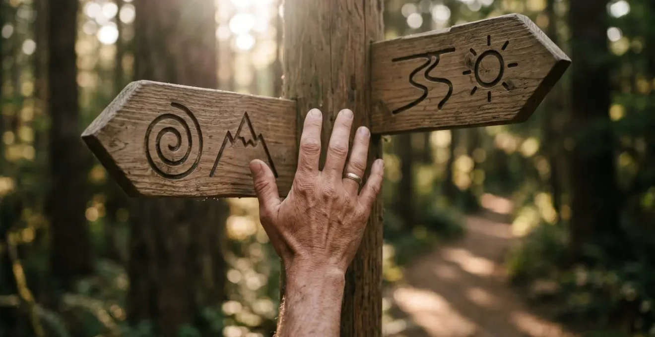 Deux panneaux directionnels en bois avec flèches opposées dans un environnement naturel