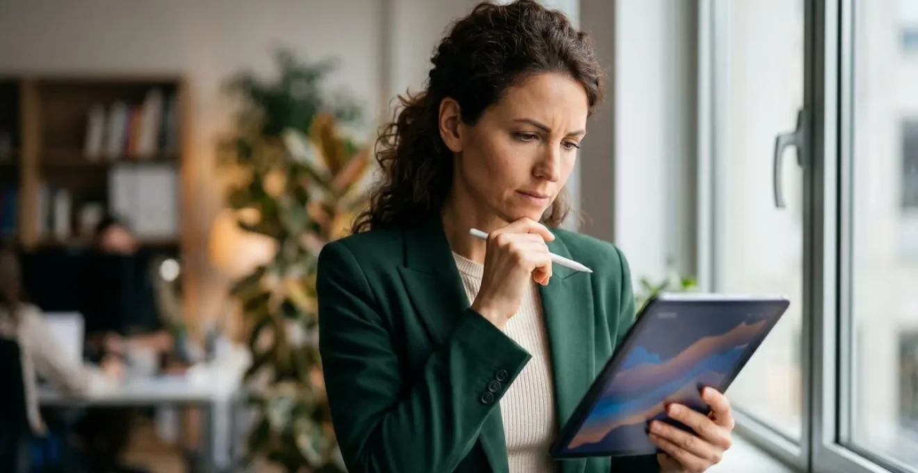 Portrait professionnel d'une personne analysant des données sur tablette avec expression concentrée