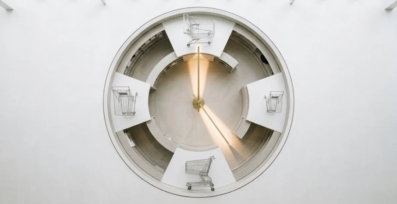 Une horloge abstraite montrant différents moments clés pour la relance email