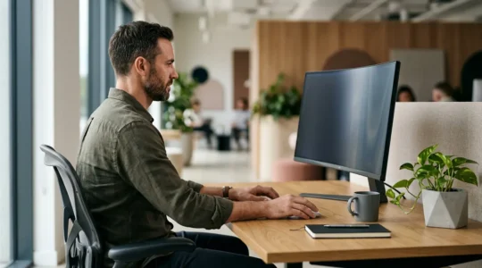 Entrepreneur analysant les statistiques de trafic sur un écran d'ordinateur dans un espace de travail moderne